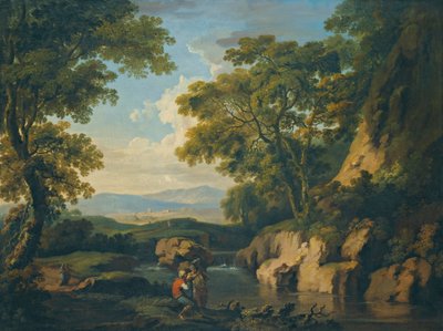 A mountainous wooded landscape with figures by a river in the foreground by George the Elder Barret